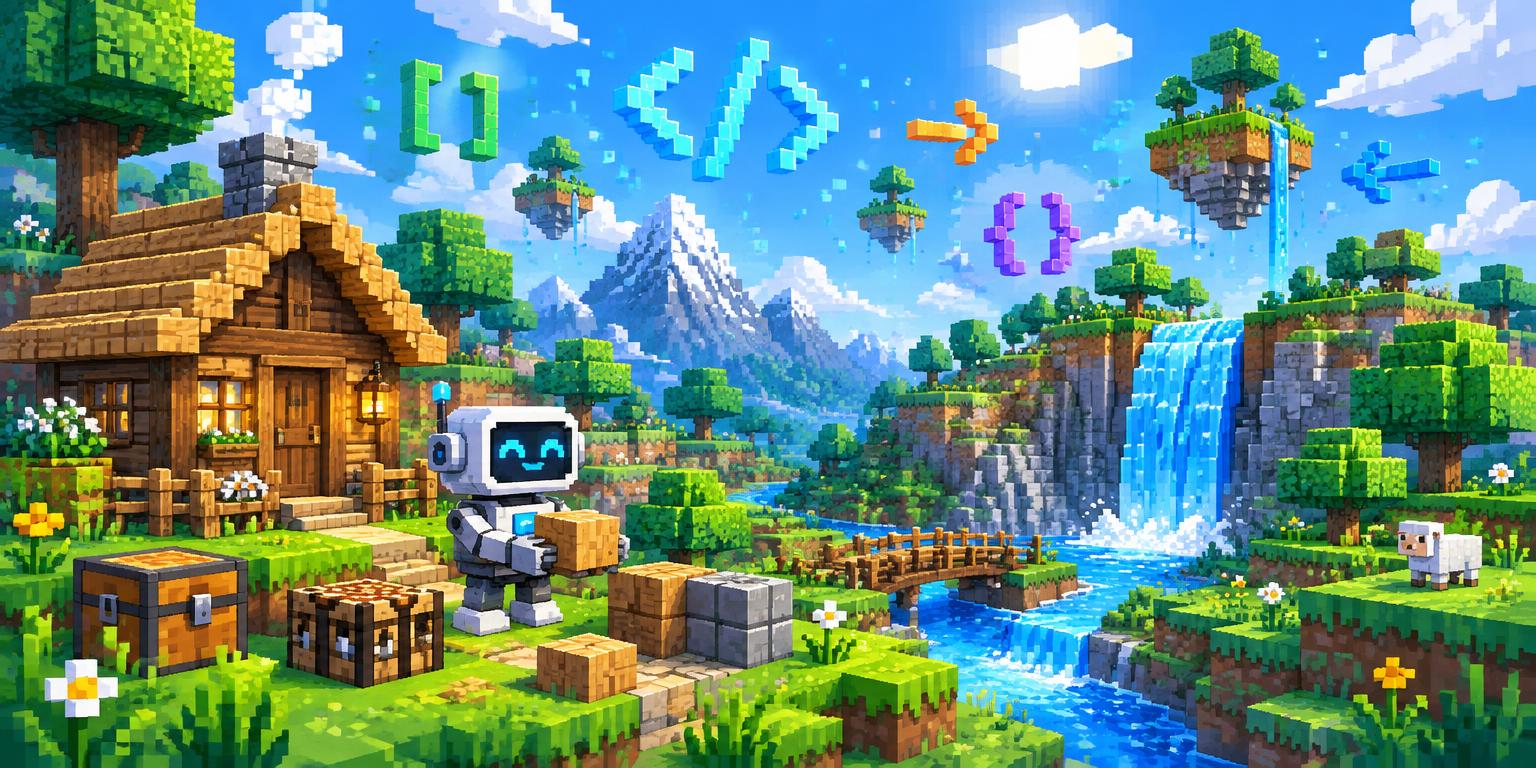 Mundo de bloques pixelado con un robot constructor